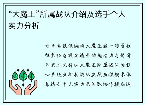 “大魔王”所属战队介绍及选手个人实力分析