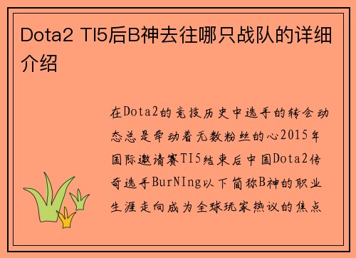 Dota2 TI5后B神去往哪只战队的详细介绍