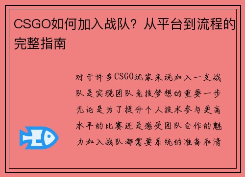 CSGO如何加入战队？从平台到流程的完整指南