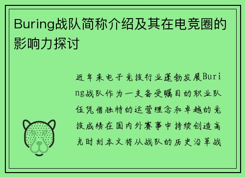 Buring战队简称介绍及其在电竞圈的影响力探讨